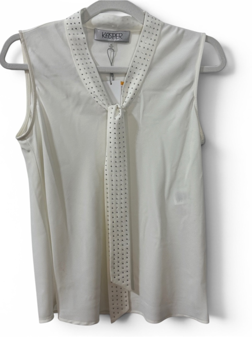 Kasper Ivory Sleeveless Tie-Neck Blouse with Stud Trim - Size PS